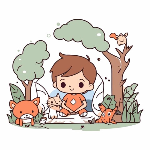 Cute little boy with cat and dog in the garden.