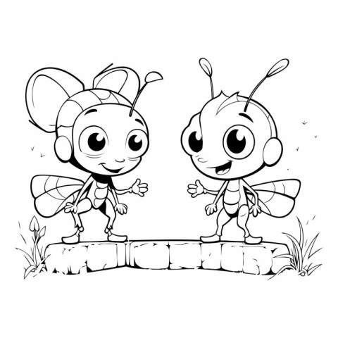 Two cute little ants in the garden. black and white vector illus