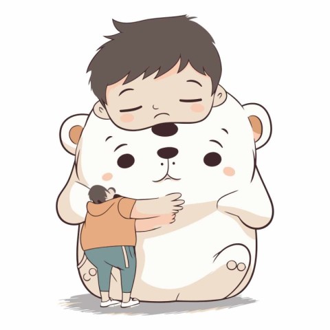 Cute little boy hugging a big white bear.