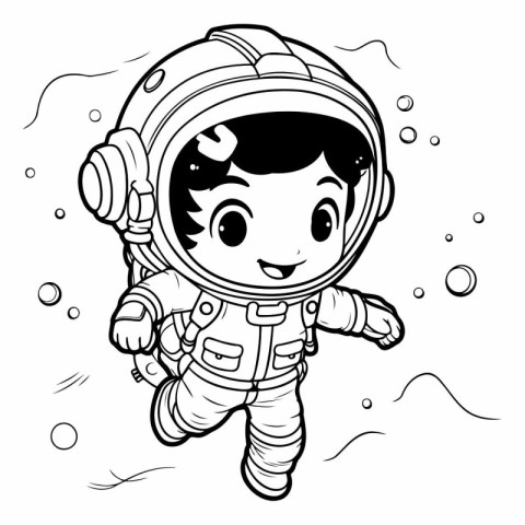 Black and White Cartoon Illustration of Cute Astronaut Boy Chara