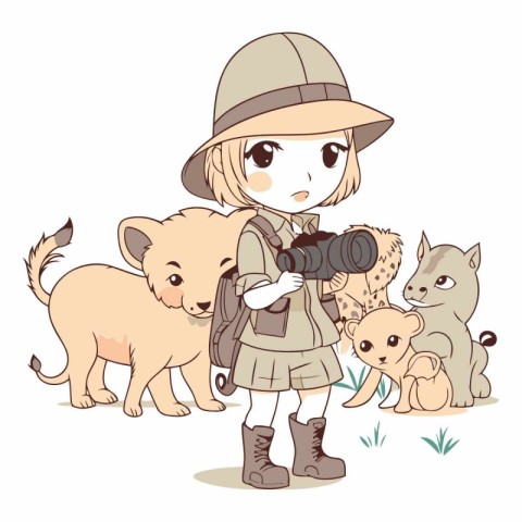 Illustration of a little girl in safari outfit and her dog