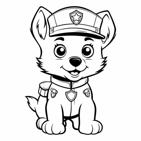 Black and White Cartoon Illustration of Cute Puppy Police Animal