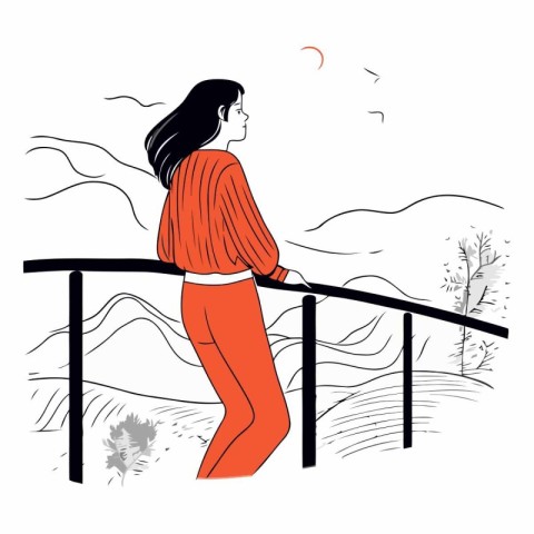 Woman walking on a bridge in the mountains. Vector hand drawn il