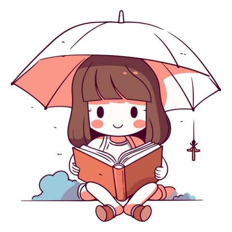 Cute little girl reading a book under an umbrella.