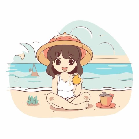 Illustration of a Cute Girl Sitting on the Beach and Eating an I