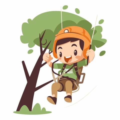 Boy climbing a tree with safety helmet and safety harness vector