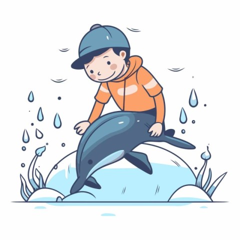 Cute boy with dolphin in the ocean in a flat style.