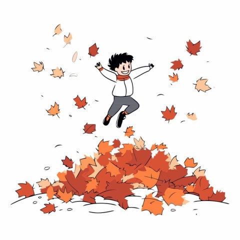 Boy jumping on a pile of fallen autumn leaves.