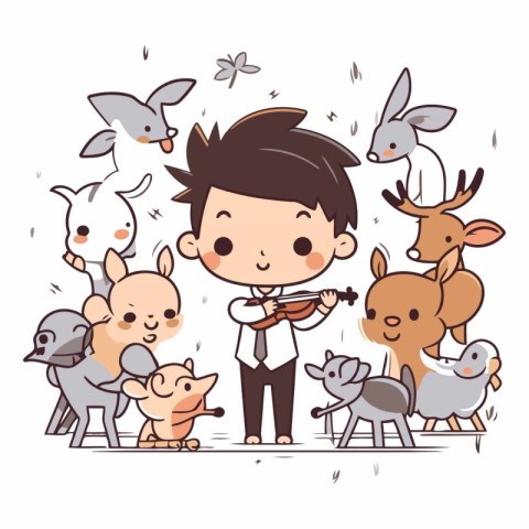 Little boy playing violin with many animals. Cute cartoon vector