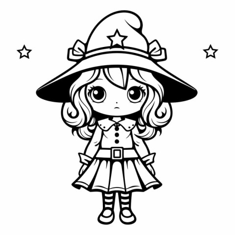 Black and White Cartoon Illustration of Cute Little Witch Girl C