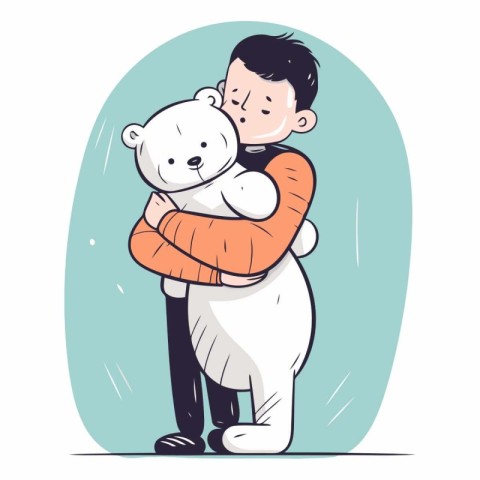 Man hugging a big white bear in cartoon style.