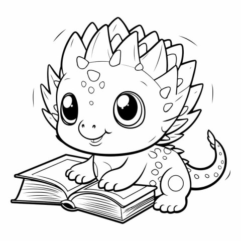 Cute baby dinosaur reading a book for coloring book.