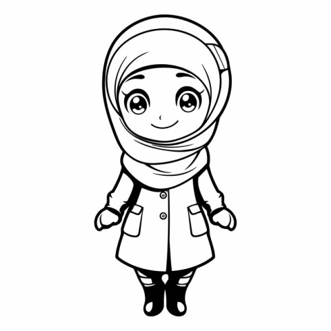 Cute muslim girl in hijab for coloring book.