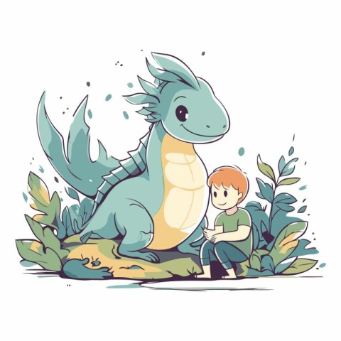 Cute little boy playing with a cute dinosaur.