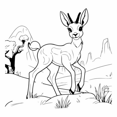 Black and white vector illustration of a deer standing on a hill