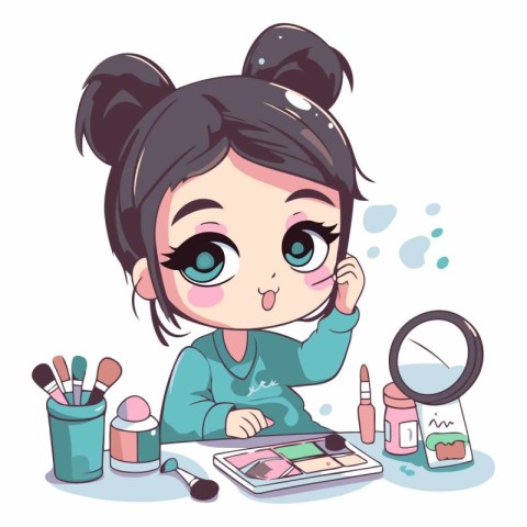 Cute little girl doing makeup in cartoon style.