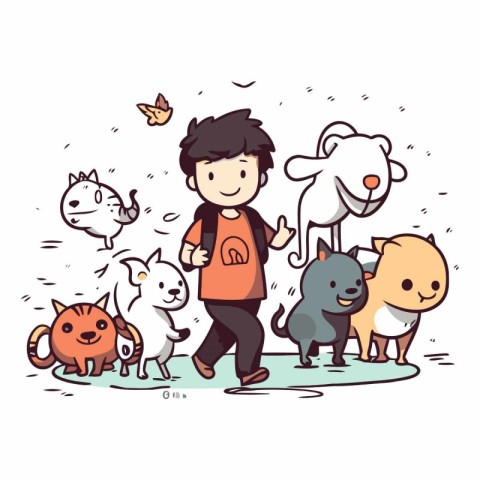 Cartoon illustration of a boy walking with a group of pets.