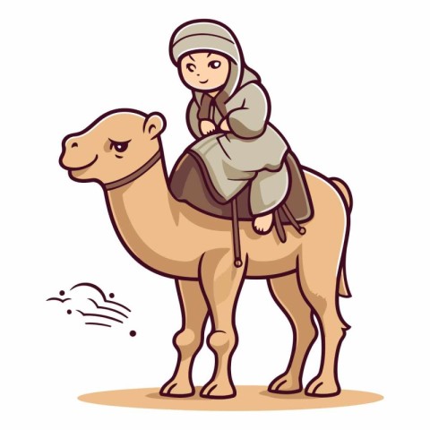 Illustration of a Muslim Boy Riding a Camel on a White Backgroun