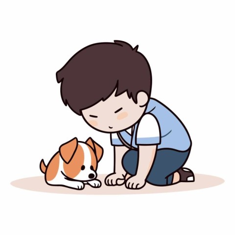 Cute boy playing with dog in cartoon style.