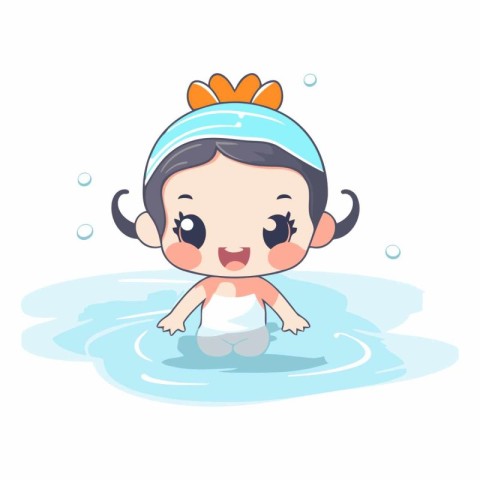 cute little girl swimming in the pool cartoon character