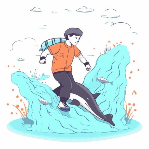 Vector illustration of a boy jumping from a cliff to a big whale