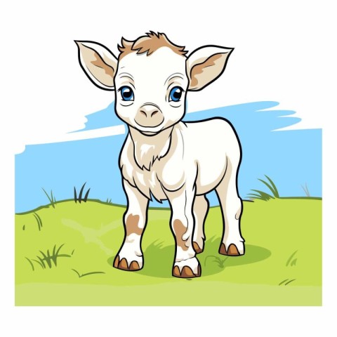 Cute cartoon baby goat standing on the grass.