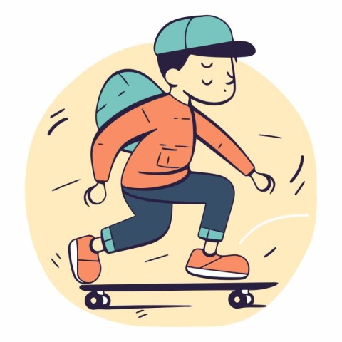 Boy riding a skateboard in a flat style.