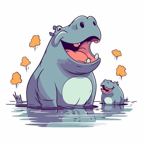 Cartoon hippo and frog in the pond.