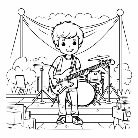 Boy playing guitar in the park. Black and white vector illustrat