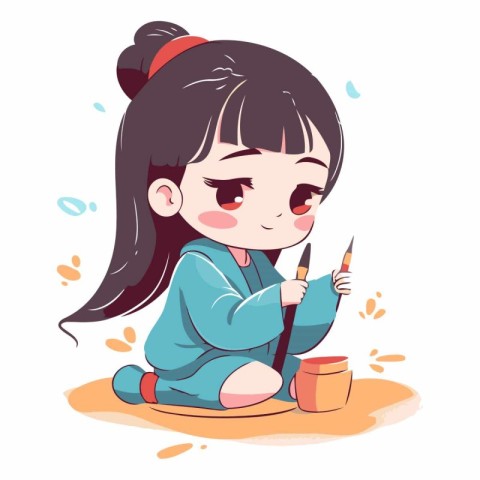 Cute little girl painting with paintbrush. Vector cartoon illust