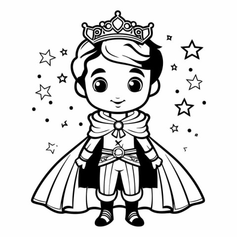 Cute cartoon prince with crown. Black and white vector illustrat