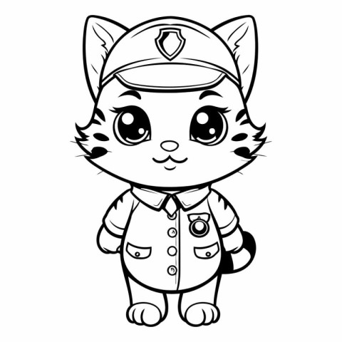 Black and White Cartoon Illustration of Cute Cat Captain Charact