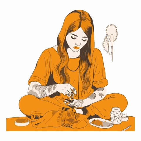 Woman potter making a pottery on white background.