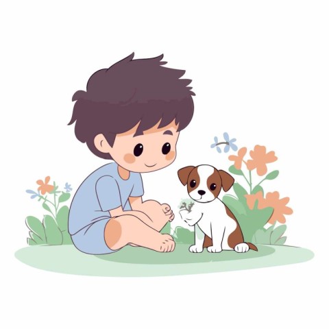 Boy and dog in the garden. Cute cartoon vector illustration.