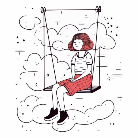 Young woman sitting on a swing in sketch style.