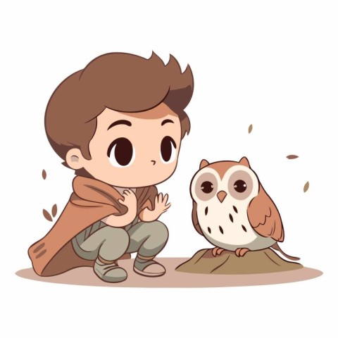 Cute boy playing with owl on white background.