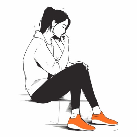 Vector illustration of a young woman sitting on a bench and thin