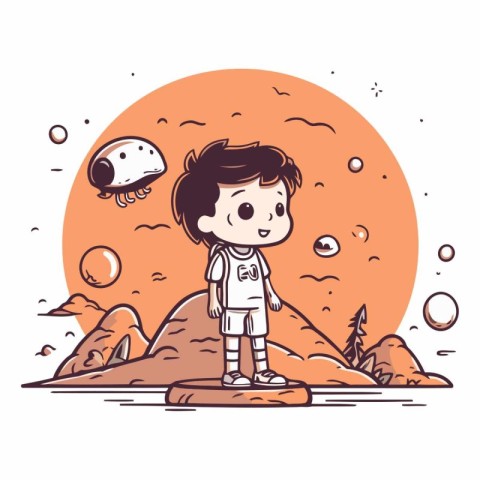 Cute little boy exploring the planet. Vector hand drawn illustra