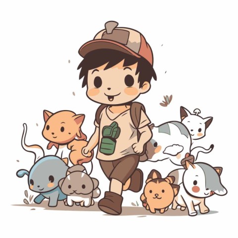 Boy with a backpack and a group of animals.