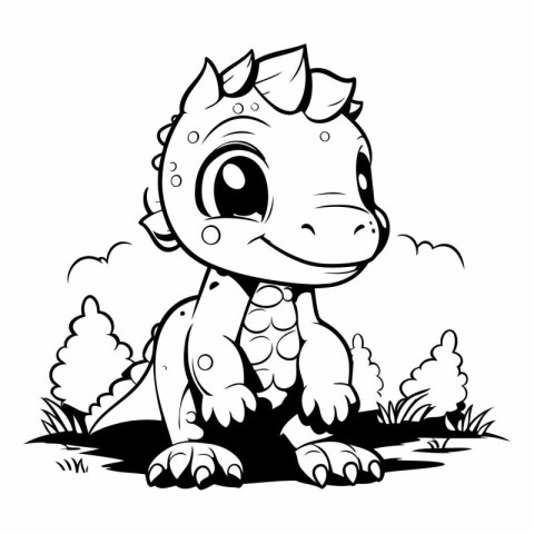 Cute Dinosaur - Black and White Cartoon Illustration. Isolated O