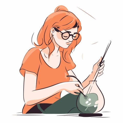 Illustration of a young woman painting a vase with oil.