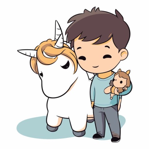 Illustration of a Little Boy Hugging a White Unicorn on White Ba