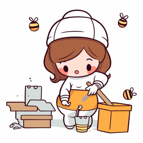 Cute Little Girl Playing Beekeeping - Cartoon Illustration. Vect