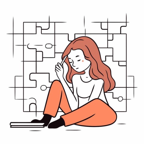 Young woman sitting on the floor and thinking about problem solv