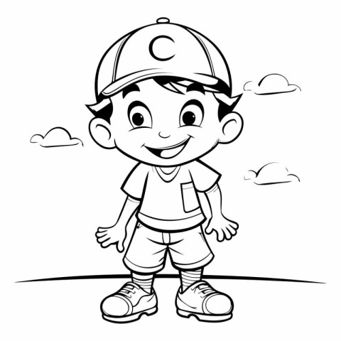 Black and White Cartoon Illustration of Cute Boy or Kid Characte