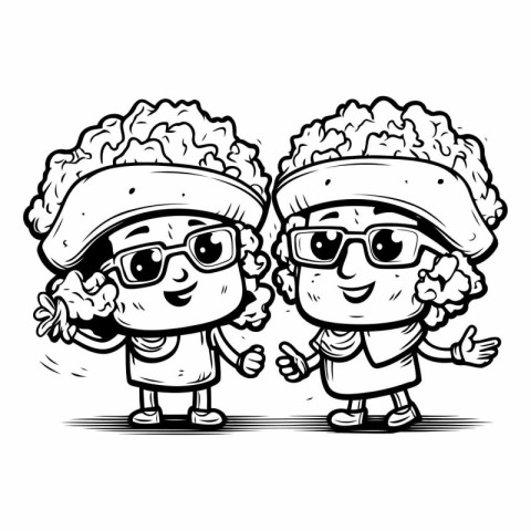 Black and White Cartoon Illustration of Kids Wearing Retro Cloth