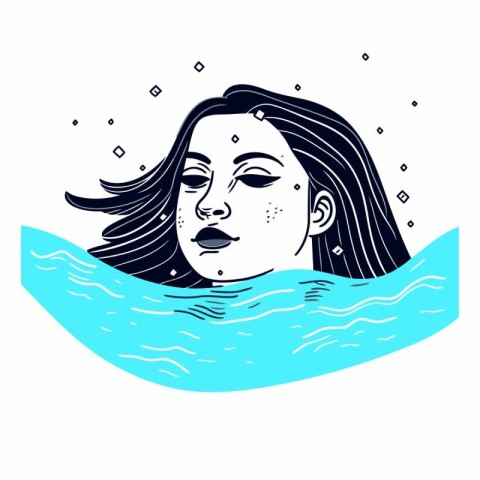 Beautiful woman in the sea. Hand drawn vector illustration in sk