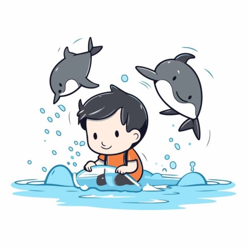 Little boy swimming with dolphins in the sea. cartoon vector ill