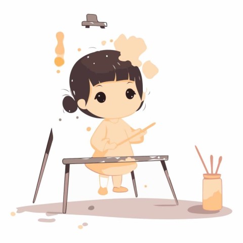 Illustration of a Cute Little Girl Painting with Paintbrushes