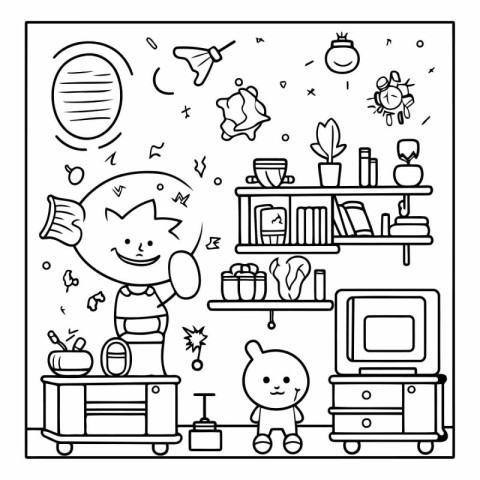 Children's room. Black and white vector illustration in doodle s